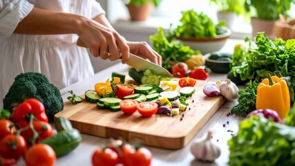 Woman expertly slicing fresh vegetables on a wooden cutting board ready to cook - Powered by Adobe