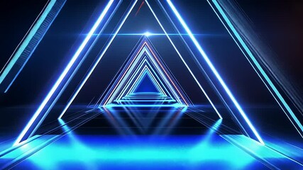 Futuristic geometric light tunnel with glowing blue triangles and reflections, creating a sci-fi atmosphere - Powered by Adobe