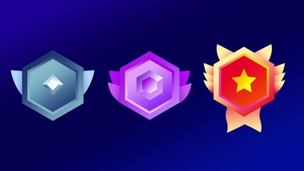 Trio of ranking badges from silver to gold represent progressive levels of skill, merit, and growth in a competitive gaming structure