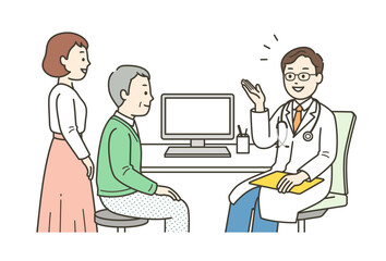 病院で診察を受ける高齢男性と付き添いの女性と医師の上半身イラスト
