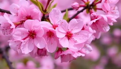 Close-up of blooming cherry blossoms with a shallow depth of field and bokeh effect