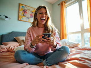 Obraz premium Happy Woman Laughing While Playing Game on Phone