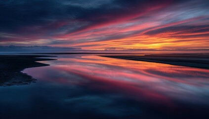 Obraz premium Vibrant sunset paints the sky with fiery hues, reflecting in a tranquil, still body of water at low tide, showcasing a dramatic, colorful landscape