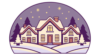 Charming winter village scene: snow-covered houses, illuminated windows, pine trees, and a starry night sky; whimsical, retro style; cozy and festive holiday mood.