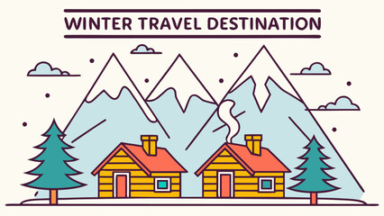 Serene Winter Mountain Cabin Getaway:  Line Art Illustration of Cozy Cabins nestled amongst snow-capped peaks, evoking a peaceful and idyllic winter travel destination.