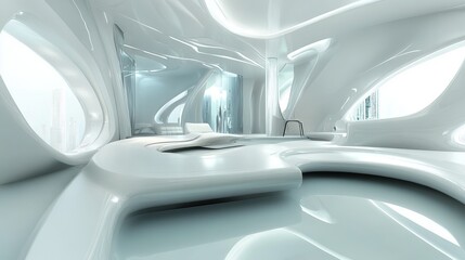 Fototapeta premium Futuristic, white interior design with flowing shapes