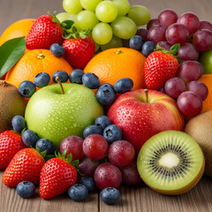 Obraz premium Fresh, healthy fruits and berries like ripe strawberries, juicy blueberries, and red apples isolated on a white background