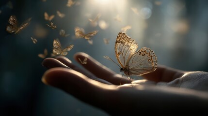 A delicate butterfly rests on an outstretched hand, surrounded by others in flight against a soft, glowing background.