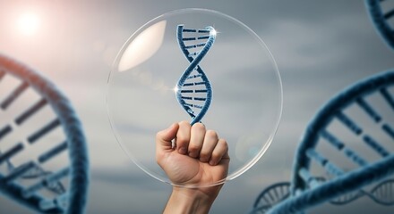 Genetic protection concept with DNA representation,Encapsulated within a clear orb, a spiraling DNA strand is suspended in a hand