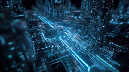 Futuristic Digital Network with Blue Illuminated Circuits