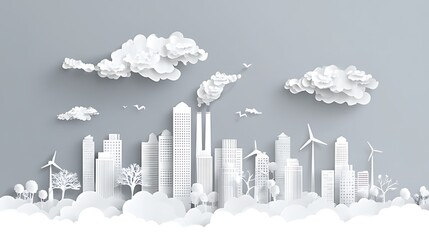 Obraz premium Sustainable Cityscape: Paper Cut Illustration of Eco-Friendly Urban Design, A stylized, paper-cut cityscape showcasing a modern metropolis nestled amidst lush green hills.