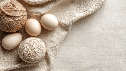 Two balls of beige yarn and three light brown eggs rest on a creamy textured fabric; ample copy space to the right