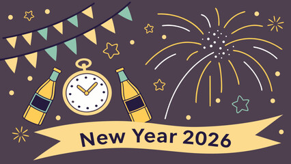 Fototapeta premium New Year's Eve 2026 Celebration: Festive Flat-Lay Design with Fireworks, Party Bottles, Clock, and Bunting, Illustrative Style, Joyful Mood.
