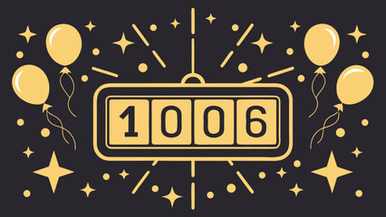 Retro Flip Clock Displaying 1006, Festive Celebration, Gold Balloons, Dark Background, Minimalist Style, Elegant Design, Anniversary, Milestone, Achievement, Special Occasion, Vector Illustration.