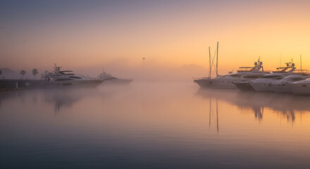 Fototapeta premium Misty harbor sunrise. Luxury yachts at dawn