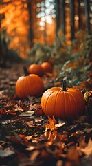 Two small pumpkins in autumn forest setting. Two vibrant orange pumpkins sit on a bed of fallen autumn leaves on the forest floor.