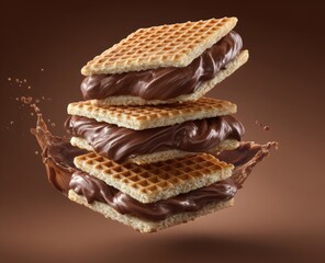Three crispy wafer cookies layered with rich, melty chocolate cream, suspended in mid-air with chocolate splashes