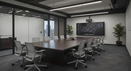 Modern Corporate Conference Room Interior with Large Screen