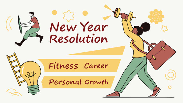 Motivational New Year Resolution Illustration:  A woman celebrates fitness goals while a man pursues career advancement, symbolizing personal growth and achieving ambitious objectives in the new year. - Powered by Adobe
