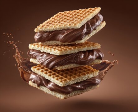 Three crispy wafer cookies layered with rich, melty chocolate cream, suspended in mid-air with chocolate splashes