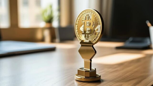 Golden bitcoin figure styled as a chess pawn on office desk. A symbol of strategy and cryptocurrency.