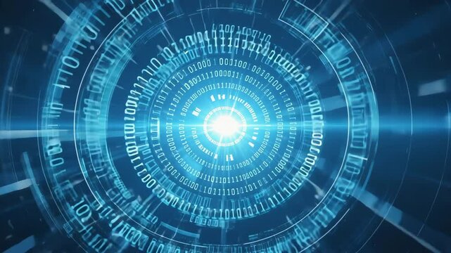 Binary Code Liftoff Interface with Futuristic Blue Circular Data Ring Animation