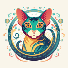 Oriental Shorthair in a Whimsical Scene with Vibrant Swirl Motions All Around.