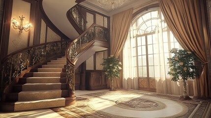 Grand, ornate, spiral staircase in a luxurious entryway. Sunlight streams through large arched windows
