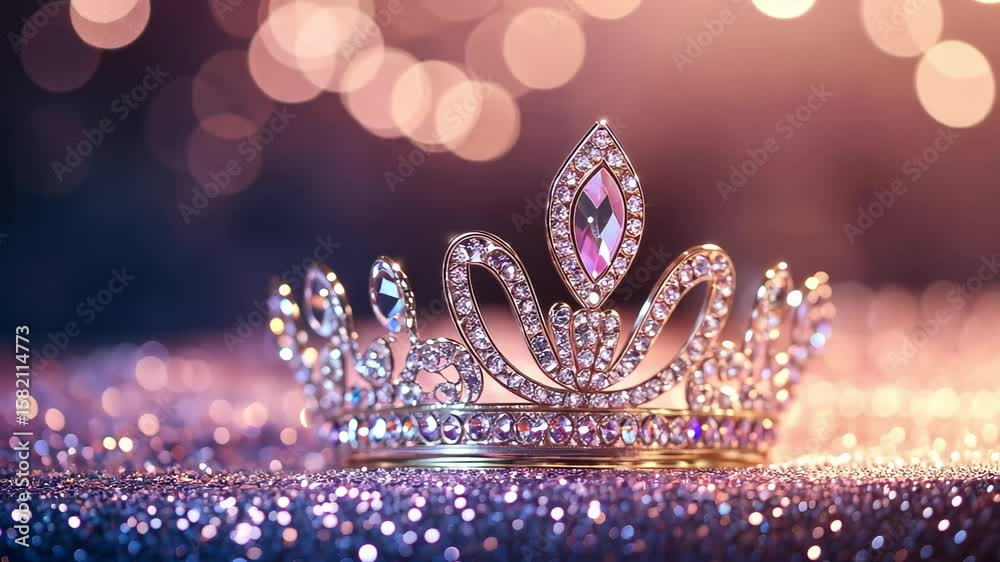 Poster sparkling tiara resting on a glittery background illuminated by soft bokeh lights, sparkling tiara o