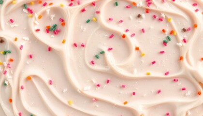 Close-up of creamy frosting with colorful sprinkles for a delicious dessert