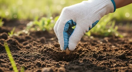A gloved hand planting a seed into fertile garden soil