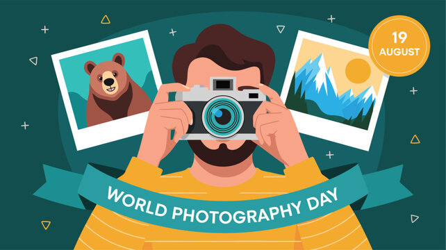 World photography day august 19 celebration with camera bear mountains sun vector design
