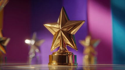 Golden star trophy on a reflective surface with colorful background