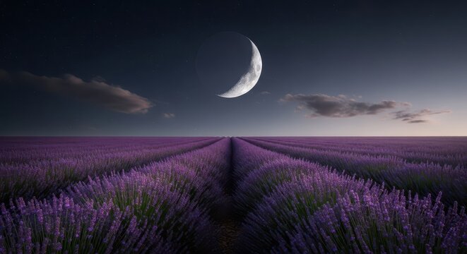 The crescent moon shines over a lavender field at night