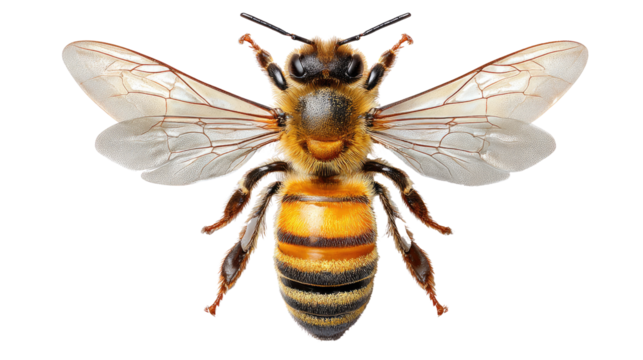 Honeybee's intricate details: A high-angle shot showcases the meticulous details of a single bee. Its wings, striped abdomen, and expressive eyes offer a compelling glimpse into the insect world.