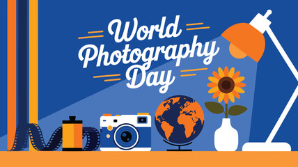 World photography day celebration background vector illustration with camera and globe design