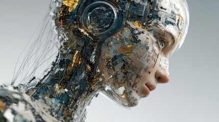 Cybernetic Human Head with Integrated Circuitry and Mechanical Components