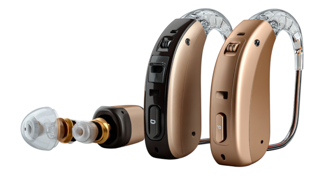 Hearing Aids:  Close-up shot captures three sleek, state-of-the-art hearing aids, a symbol of auditory technology that provides clarity and connection.