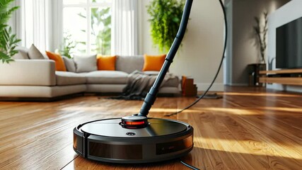 Robotic vacuum cleaner operates on hardwood floor in contemporary living room with natural light and plants, Robotic vacuum cleaner working on hardwood floor in modern living room interior