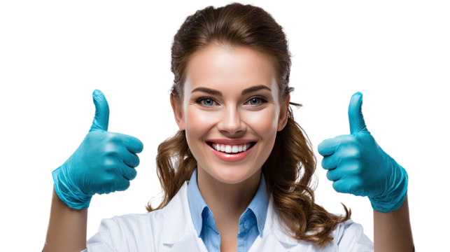 Smiling Healthcare Professional: A cheerful and confident healthcare professional, adorned in protective gloves and a pristine white coat, exudes positivity.