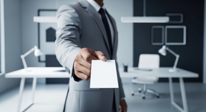 A businessman presents a blank business card in a modern office