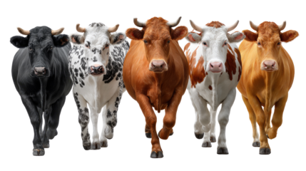 Diverse Cattle Herd Charging Forward: A vibrant herd of five distinct cattle breeds boldly charges forward, their coats and horns creating a dynamic and engaging spectacle.