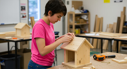 Teenager in pink shirt builds birdhouse