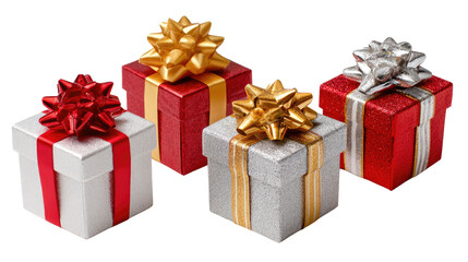 Gift Boxes Collection: Four elegant gift boxes, two silver and two red, adorned with golden and red ribbons, create a festive and celebratory display.