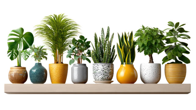 Indoor Oasis: A diverse collection of vibrant houseplants, each in its own unique pot, creates a fresh and inviting indoor atmosphere, bringing the serenity of nature inside.