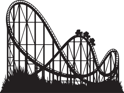 Silhouette of a thrilling roller coaster with cars on a white background