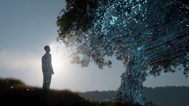 Human Silhouette Standing Near Digital Network Tree in Sunset Light