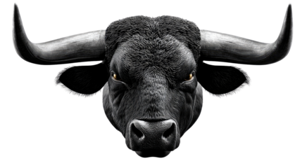 Black Bull Head: Powerful and intense portrait of a black bull's head, showcasing its mighty horns and piercing gaze. The image exudes strength, dominance, and untamed power.