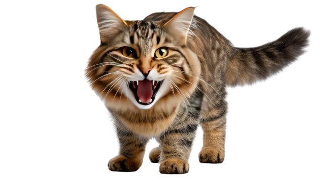 Furious Feline: A beautiful fluffy cat roars with visible teeth, an expression of feline fury and raw emotion.
