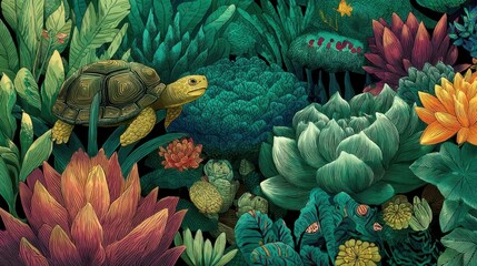 Turtle Amidst Vibrant Tropical Plants and Flowers